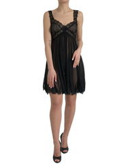 Women's Black Silk Pleated Lace Chiffon Mini Dress Nylon Cotton Viscose