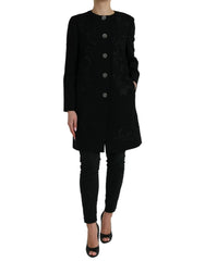 Women's Black Floral Wool Button Embellished Jacket Virgin Elastane Clothing