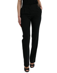 Women's Black Wool Mid Waist Tapered Pants Virgin Elastane