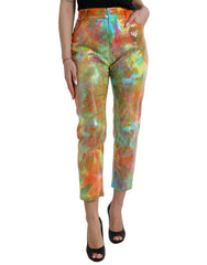 Women's Multicolor Tie Dye Sequined High Waist Cropped Pants Cotton Elastane