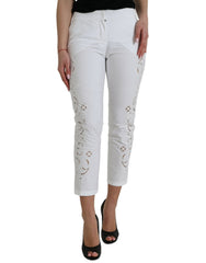 Women's White Cut Out Cotton Mid Waist Cropped Pants Viscose