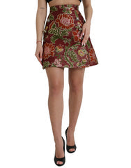Women's Maroon Floral Jacquard A-Line Mini Skirt