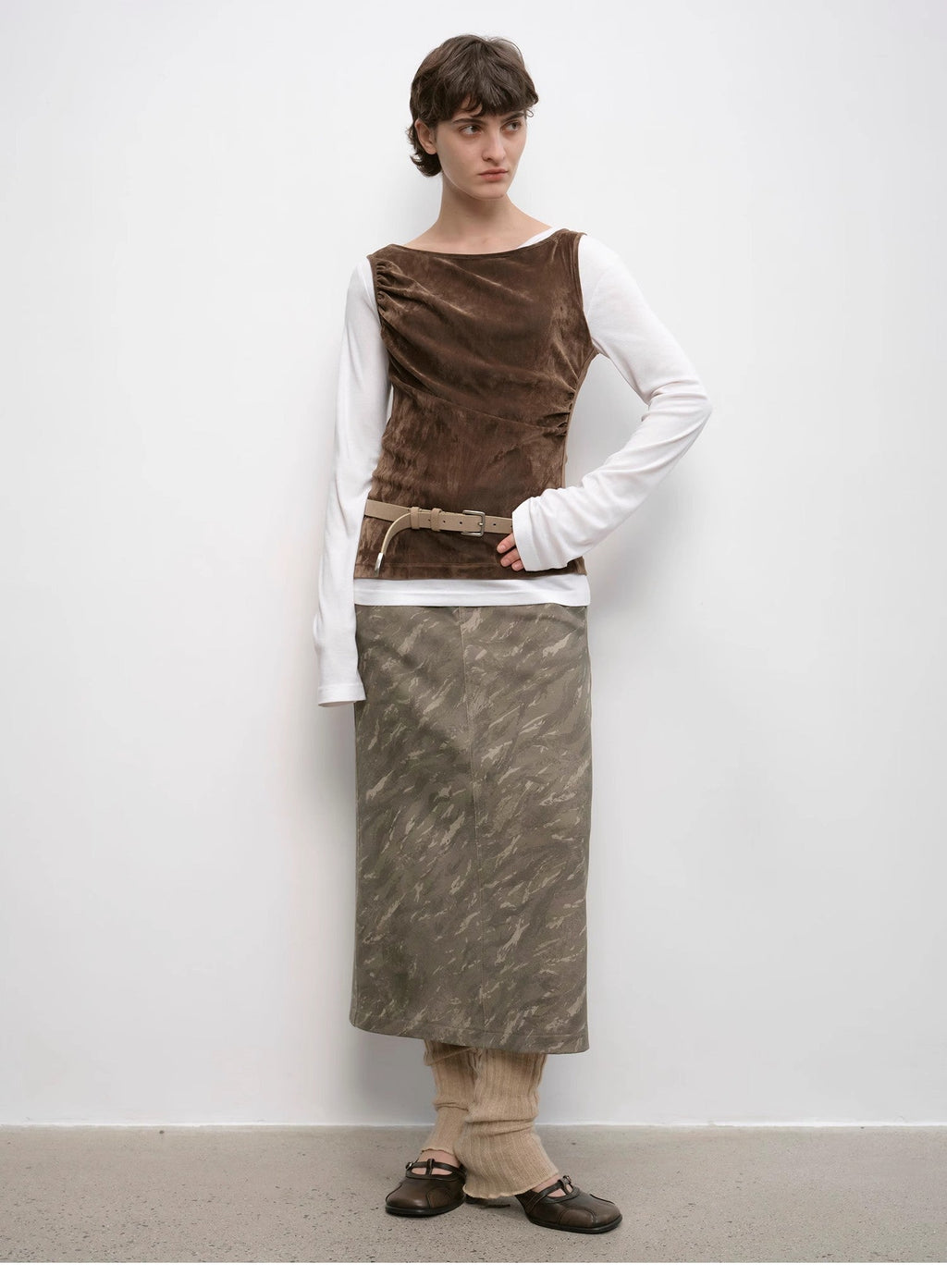 Thousand Layers of Echoes Chenille Original Print Camouflage Retro Distressed Straight Mid-Waist Skirt