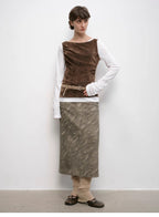 Thousand Layers of Echoes Chenille Original Print Camouflage Retro Distressed Straight Mid-Waist Skirt