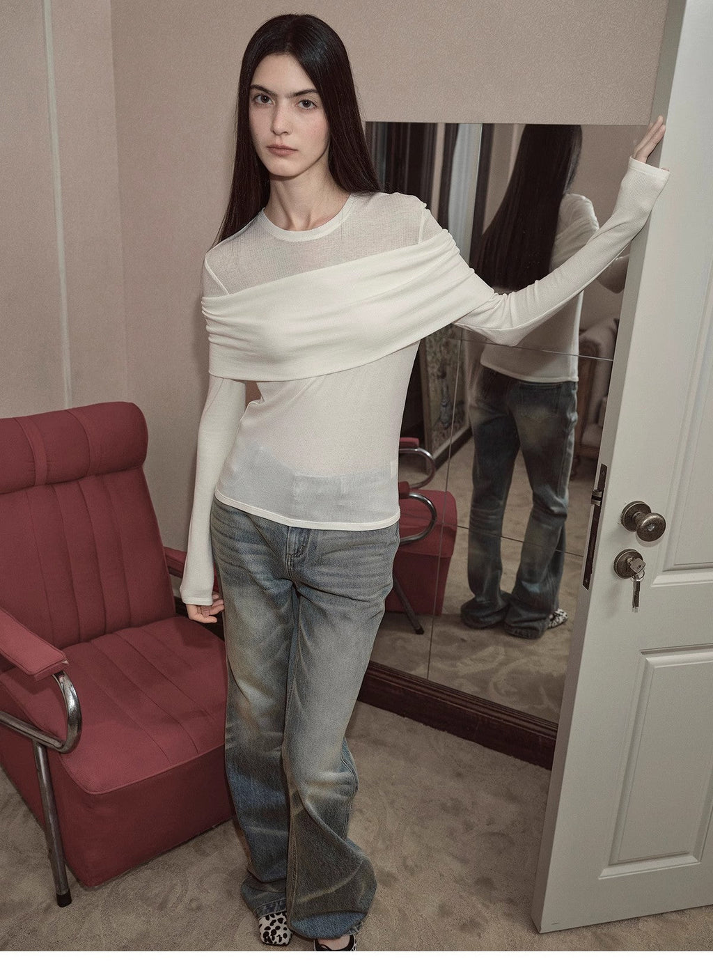 Modern Tricks personalized layered Tencel wool fake two-piece splicing one-shoulder versatile knitted top