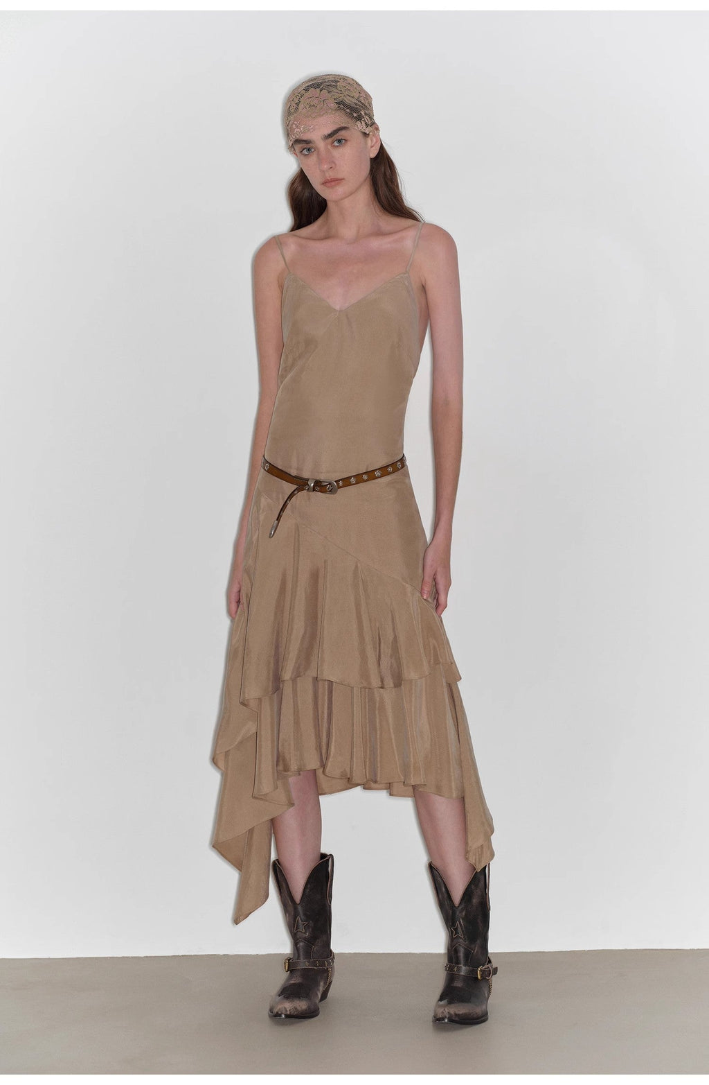 Heart-beating Invitation Lazy copper-ammonia rayon V-neck irregular adjustable mid-length suspender dress