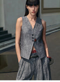 Old Money Space Linen draped vest and straight trousers suit