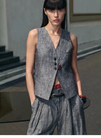 Old Money Space Linen draped vest and straight trousers suit