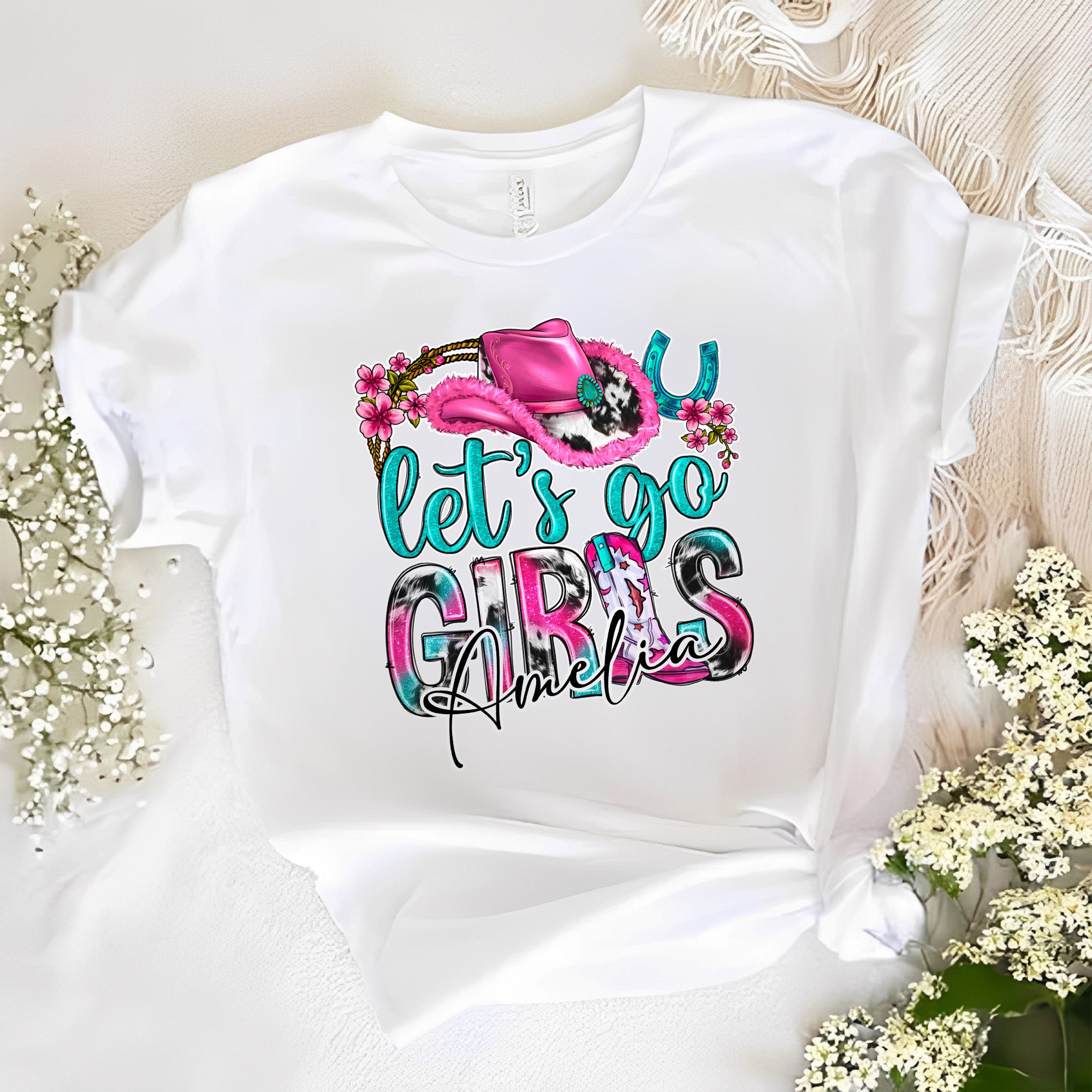 Personalizado Let's Go Niñas sombrero de vaquero Bota de herradura Multicolor Camiseta Sudadera con nombre Cumpleaños Regalo de Navidad para las mujeres