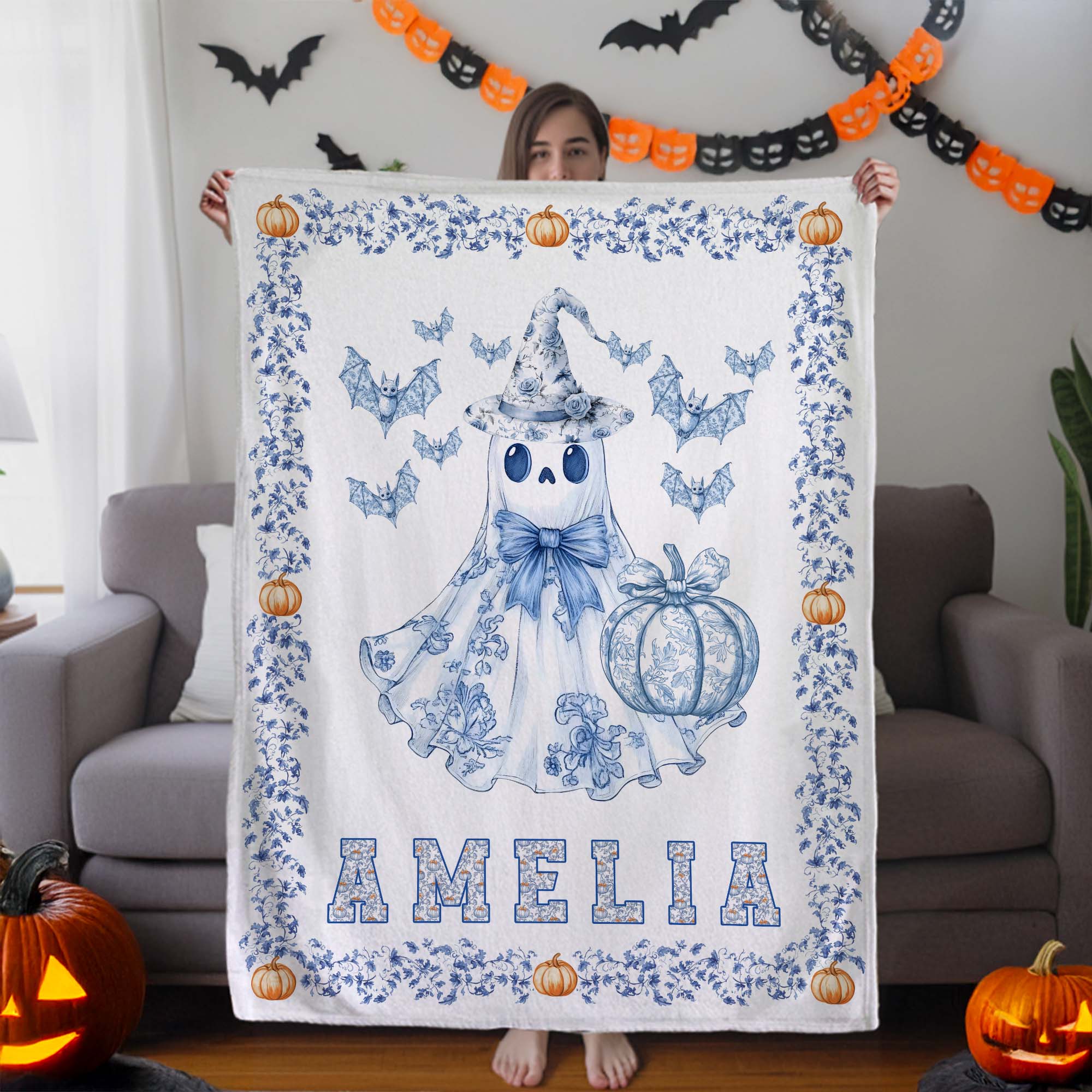 Toile De Jouy Personalizada Fantasma Calabaza Manta Suave con Nombre Truco o Trato Fiesta de Halloween Regalo para Niños