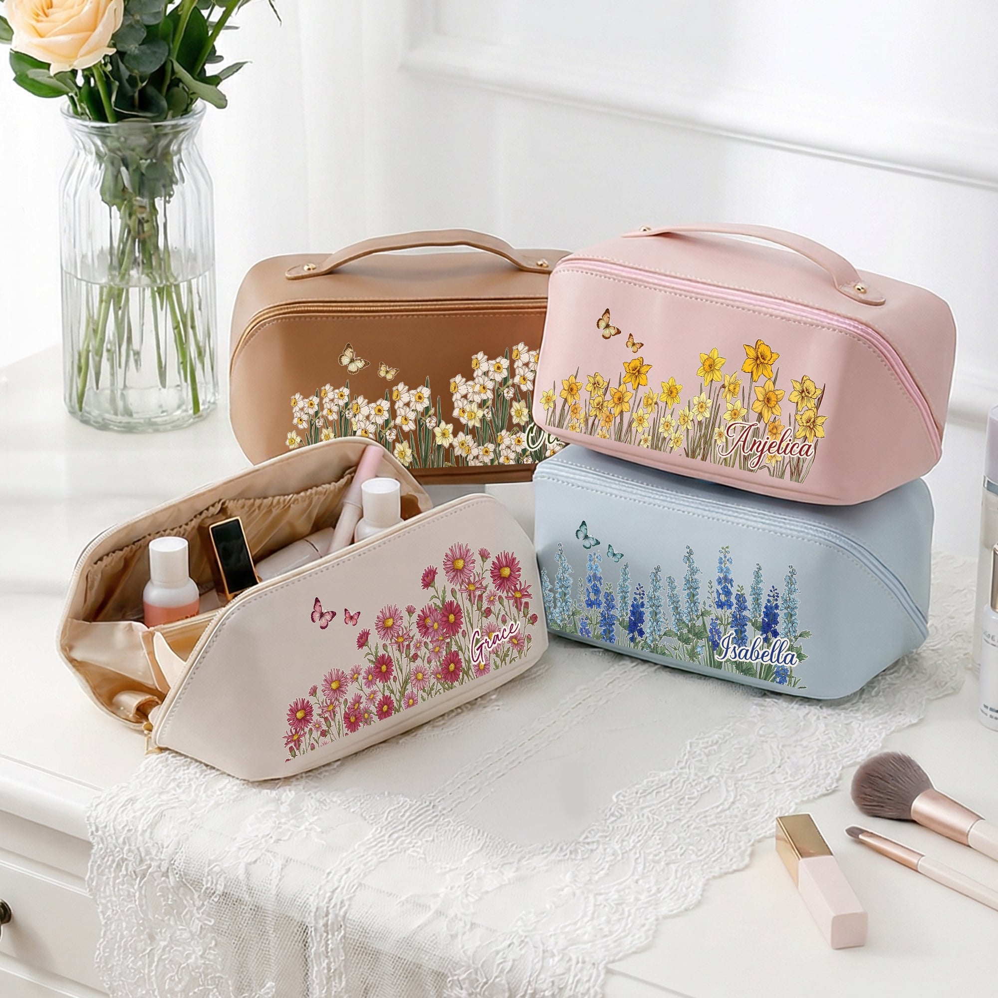 Personalizado mariposa nacimiento flor PU cuero bolsa de maquillaje con nombre Día de la Madre cumpleaños aniversario regalo para ella