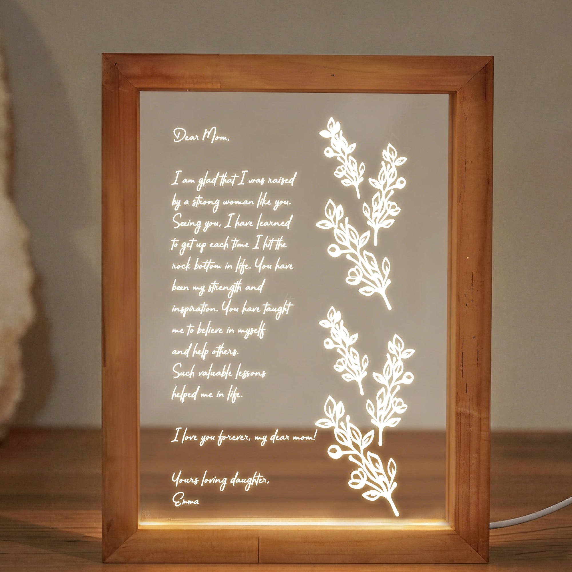 Letra manuscrita personalizada Luz nocturna LED con firma de texto y marco de madera Cumpleaños Día de la Madre Regalo para mamá Abuela
