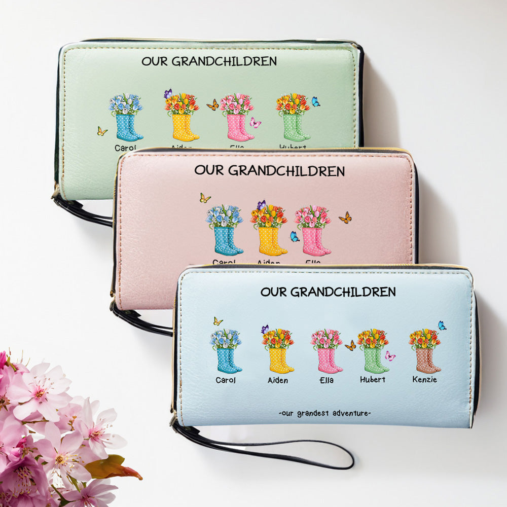 Personalizado Our Grandest Adventure Floral Botas de cuero de pulsera larga cartera con cremallera con 2-6 nombres Cumpleaños Día de la Madre de regalo para las mujeres