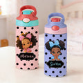 Personalizada de lunares lindos dibujos animados Negro Chica Nombre 12 oz 16 oz Botella de agua con pajita y asa de vuelta a la escuela Regalo de cumpleaños para las niñas