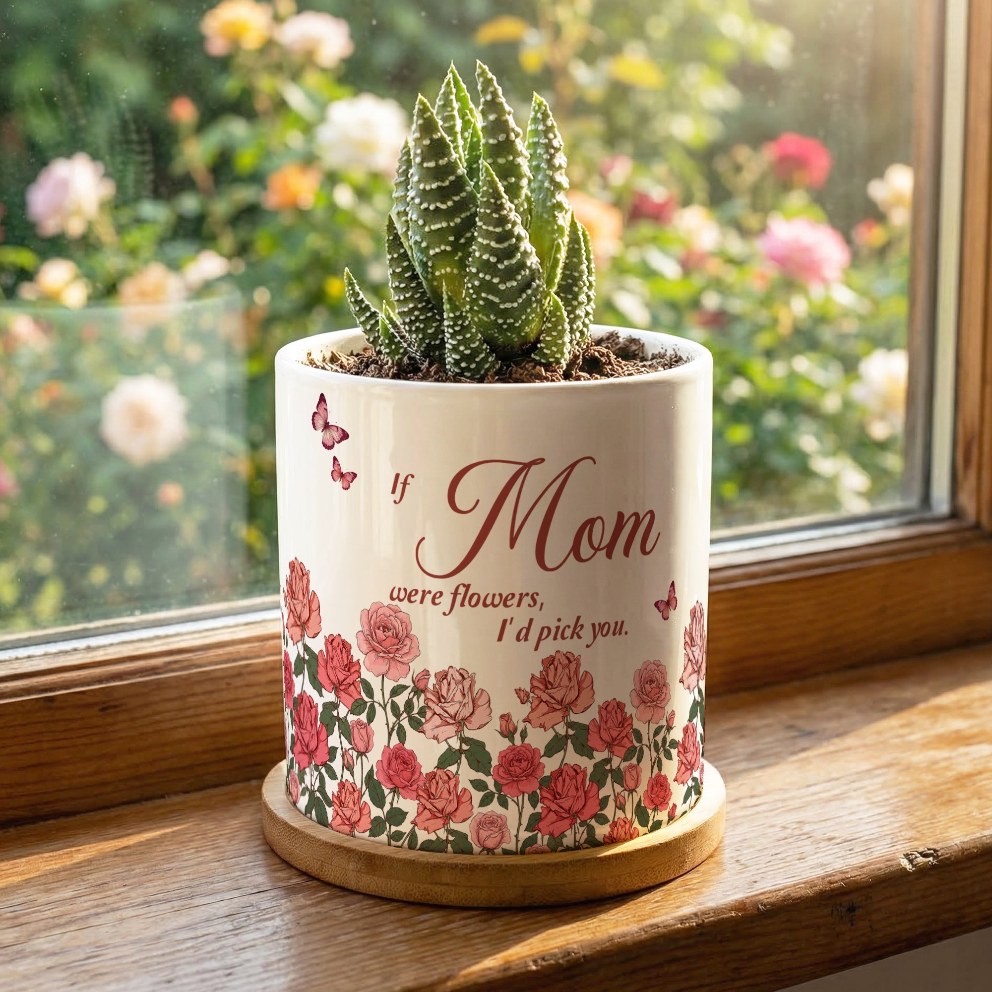 Maceta de Cerámica Personalizada Flor de Nacimiento Mariposa con Apodo y Bandeja de Bambú Uso Diario Regalo del Día de la Madre para Mamá Abuela