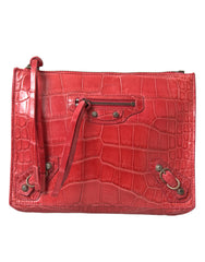 Women's Red Exotic Skin Leather Classic Pouch Purse Wristlet Bag Alligatorskin