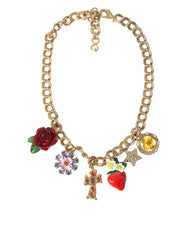 Women's Gold Chain Rose Cross Strawberry Star Pendant Necklace Brass