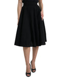 Women's Black High Waist A-Line Knee Length Skirt Virgin Wool Silk Nylon