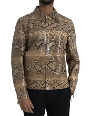 Men's Beige Exotic Leather Biker Blouson Jacket Python Skin Clothing