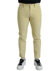 Men's Yellow Corduroy Logo Plaque Skinny Denim Jeans Cotton Elastane Clothing