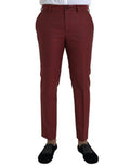 Maroon Wool Men Skinny Dress Pants Virgin