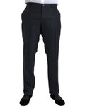 Blue Brocade Wool Skinny Men Dress Pants Virgin Silk
