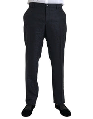 Blue Brocade Wool Skinny Men Dress Pants Virgin Silk