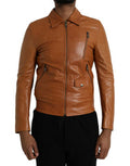 Men's Brown Lamb Leather Full Zip Blouson Jacket Clothing