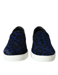 Men's Blue Calfskin Hair Leopard Sneakers Shoes Black And