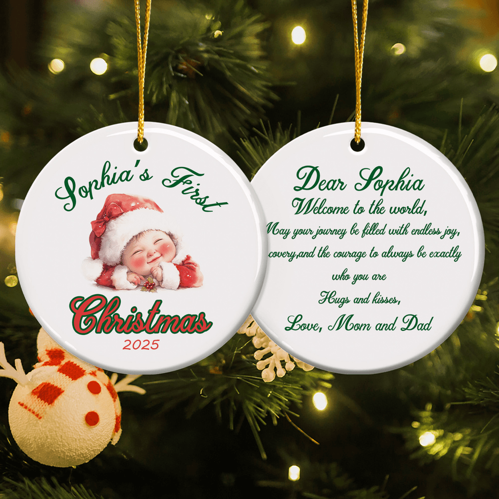 Bebé Personalizado Patrón Recién Nacido Primera Navidad Adorno de Cerámica con Nombre Texto y Año Decoración del Árbol del Hogar Regalo de Navidad para la Familia Bebé Nuevos Padres