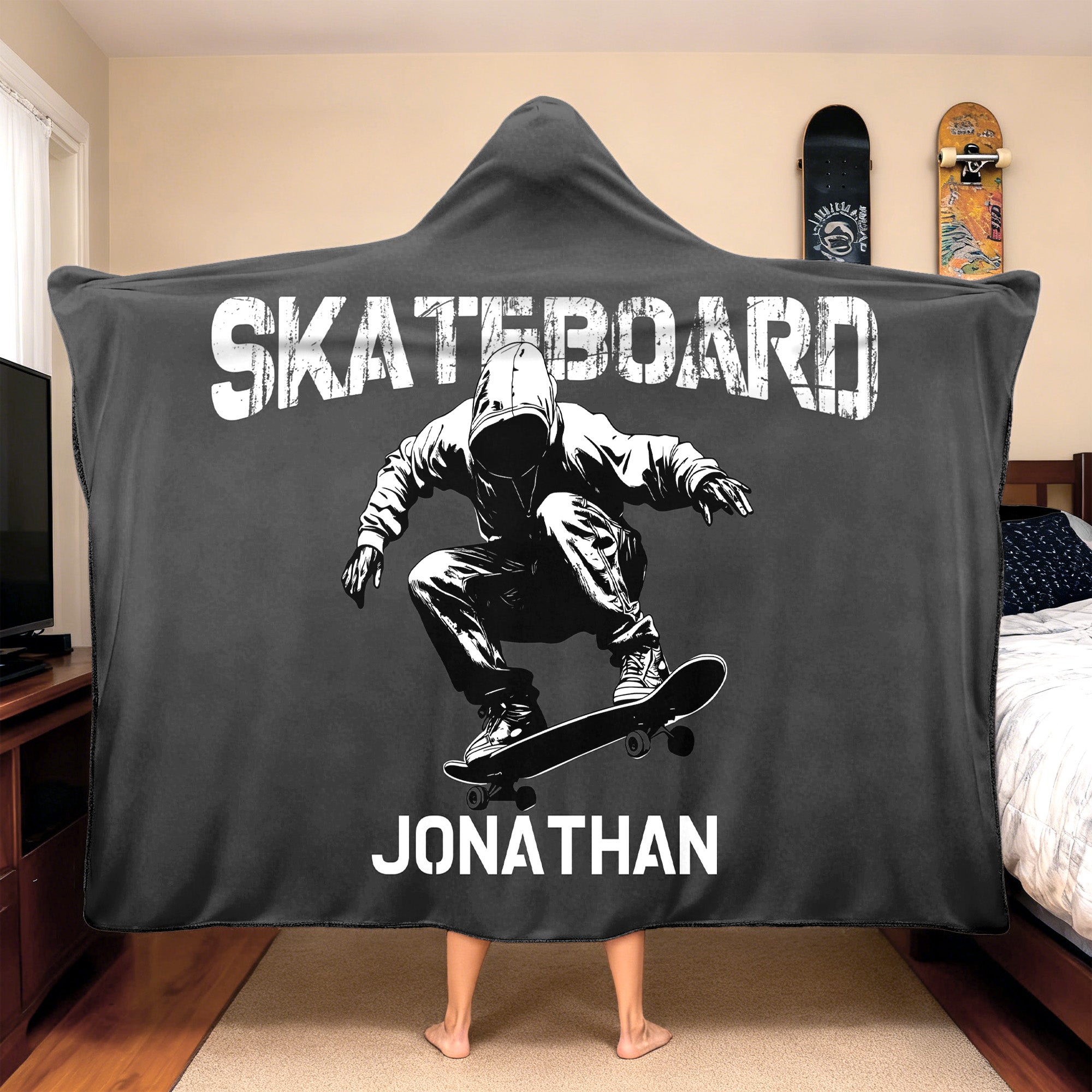 Personalizado Skate acción silueta suave manta con capucha con el nombre de viaje de uso diario regalo de cumpleaños para los amantes del monopatín Amigos