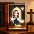 Cruz personalizada Libro de la Biblia Personaje de dibujos animados Oración Luz de noche LED acrílico con base de madera Bautizo Confirmación Cumpleaños Regalo para mujer cristiana