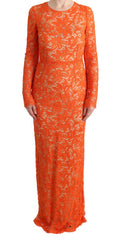 Women's Orange Floral Ricamo Sheath Long Dress