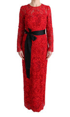 Women's Red Floral Ricamo Sheath Long Dress Cotton