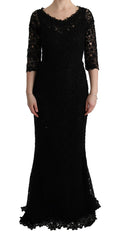 Women's Black Floral Ricamo Sheath Long Dress Cotton