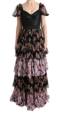 Women's Multicolor Silk Stretch Floral Shift Long Dress