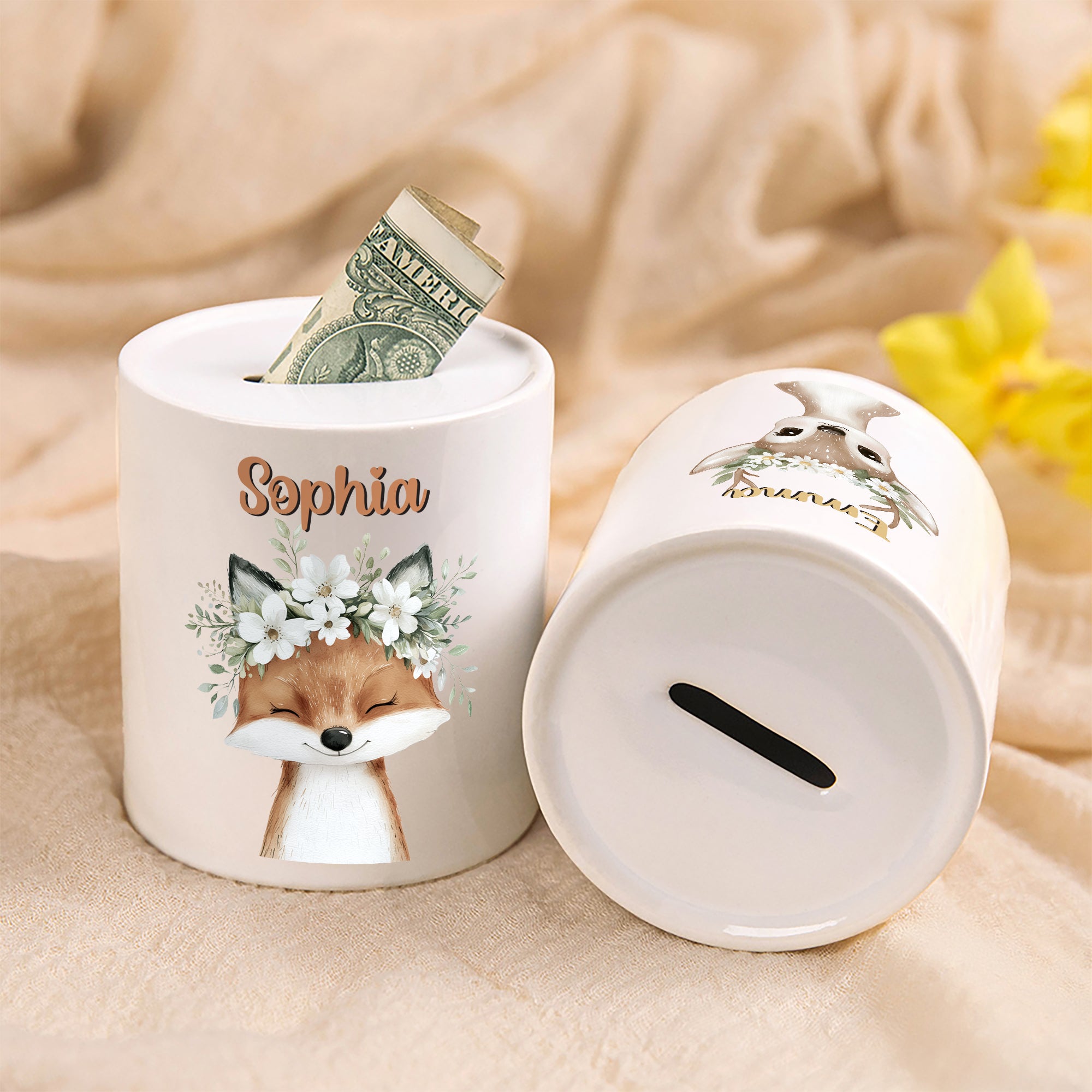Hucha de Cerdito de Cerámica Personalizada con Nombre y Corona de Flores Regalo de Cumpleaños para Niños y Niñas