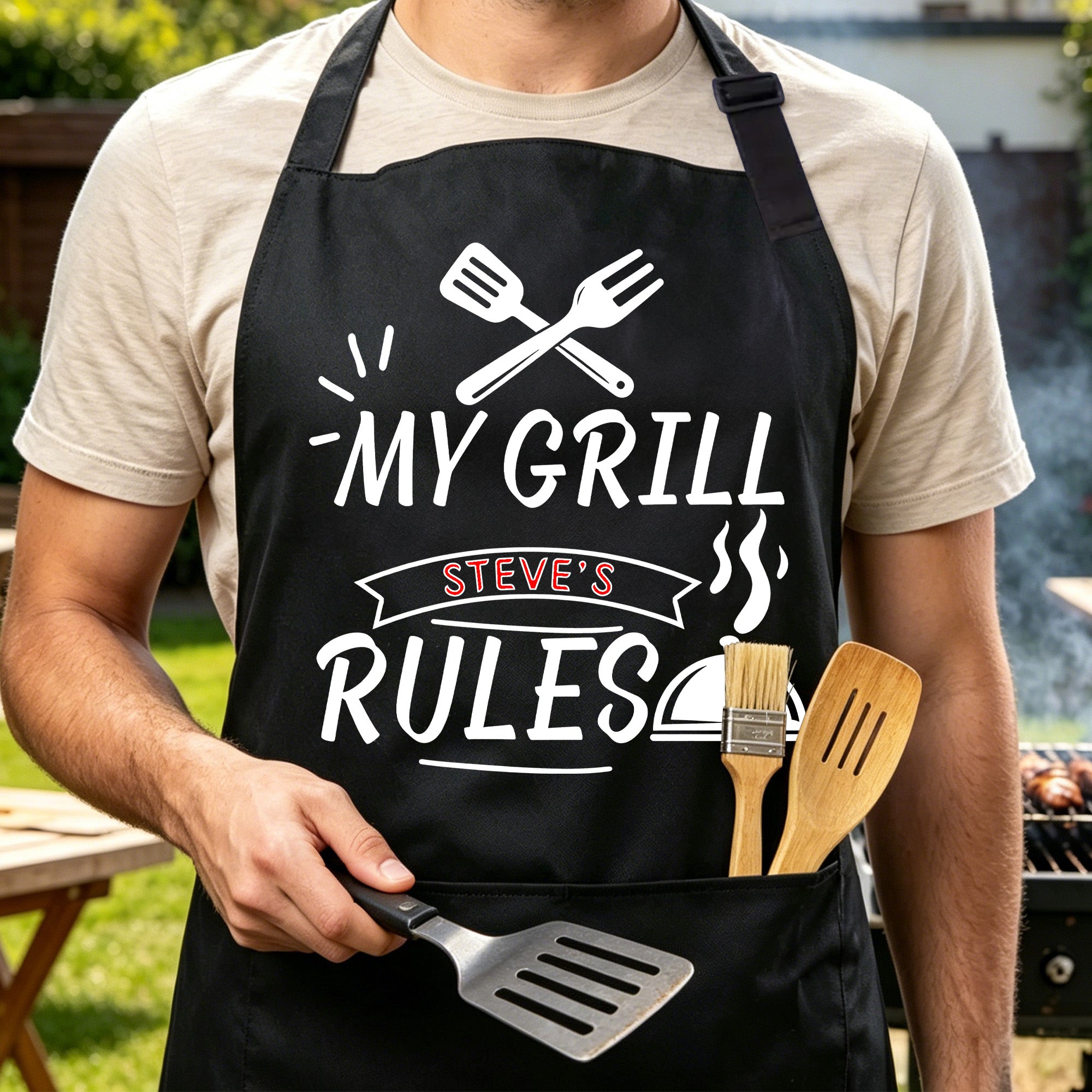 Personalizado Multicolor Utensilios de Cocina Mensaje Divertido Delantal Ajustable con Nombre y Bolsillo Reunión Familiar Regalo para el Día del Padre Abuelo