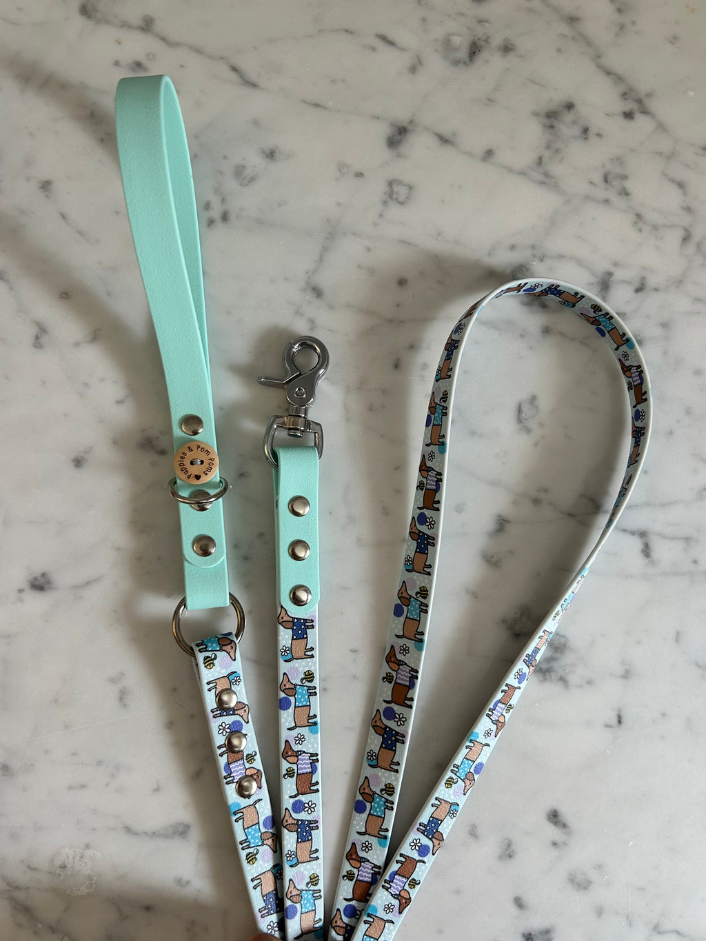 Handmade Vegan Leather Dog Leash - Bee Happy Dachshunds - Blue