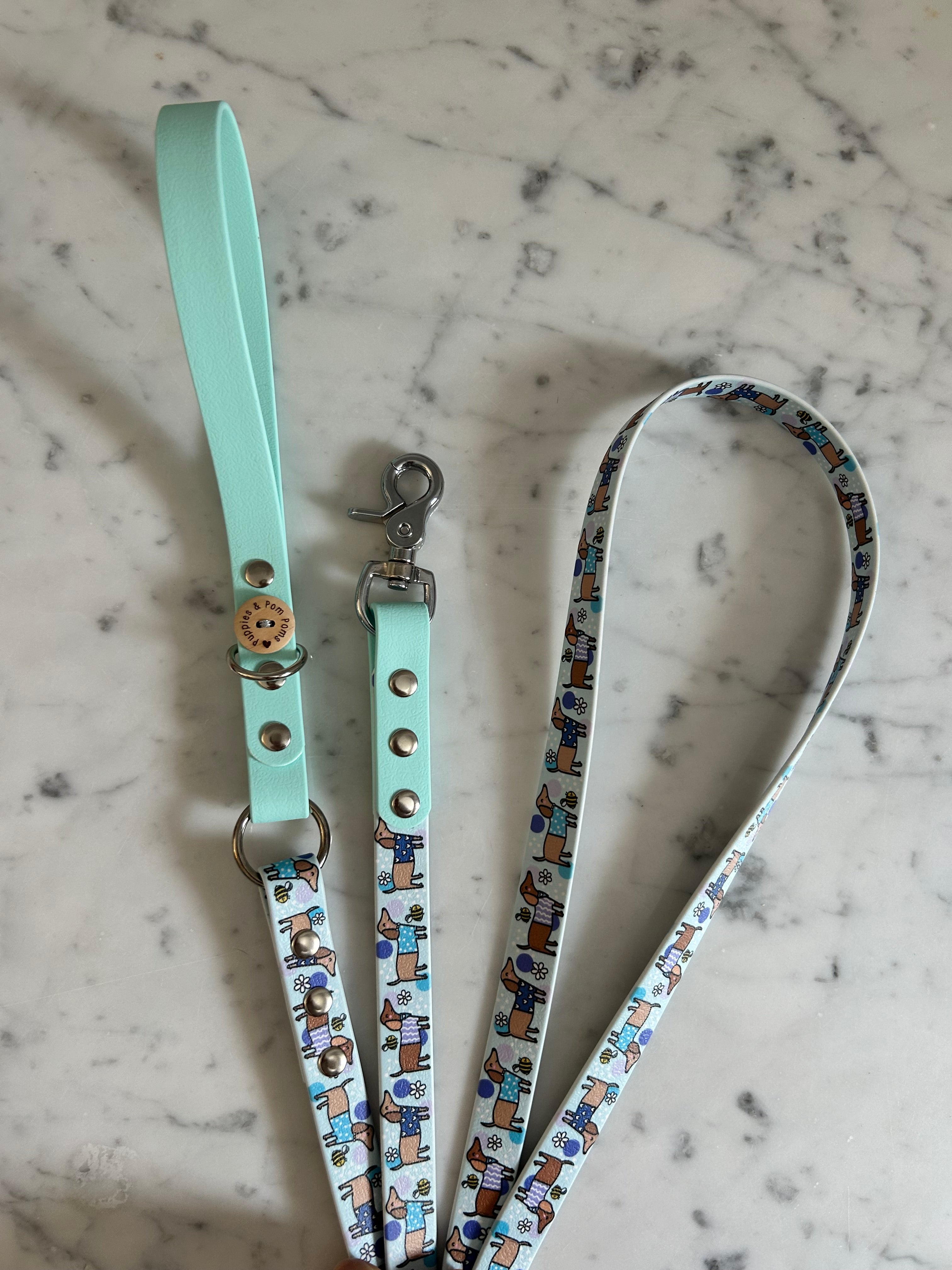 Handmade Vegan Leather Dog Leash - Bee Happy Dachshunds - Blue
