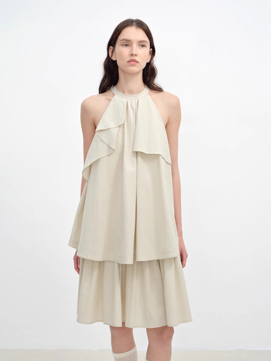 Floating Island Manor small stand-up collar design asymmetrical halter dress