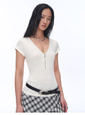 Simple Color Silent Film Australian Wool Tencel V-neck Zipper T-shirt