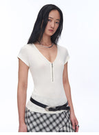 Simple Color Silent Film Australian Wool Tencel V-neck Zipper T-shirt