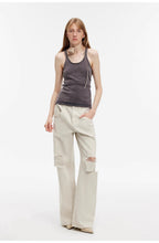 Gray and Denim stylish and personalized Turkish washed retro distressed holes straight flared jeans