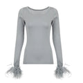 Grey Knit Top With Detachable Feather Cuffs