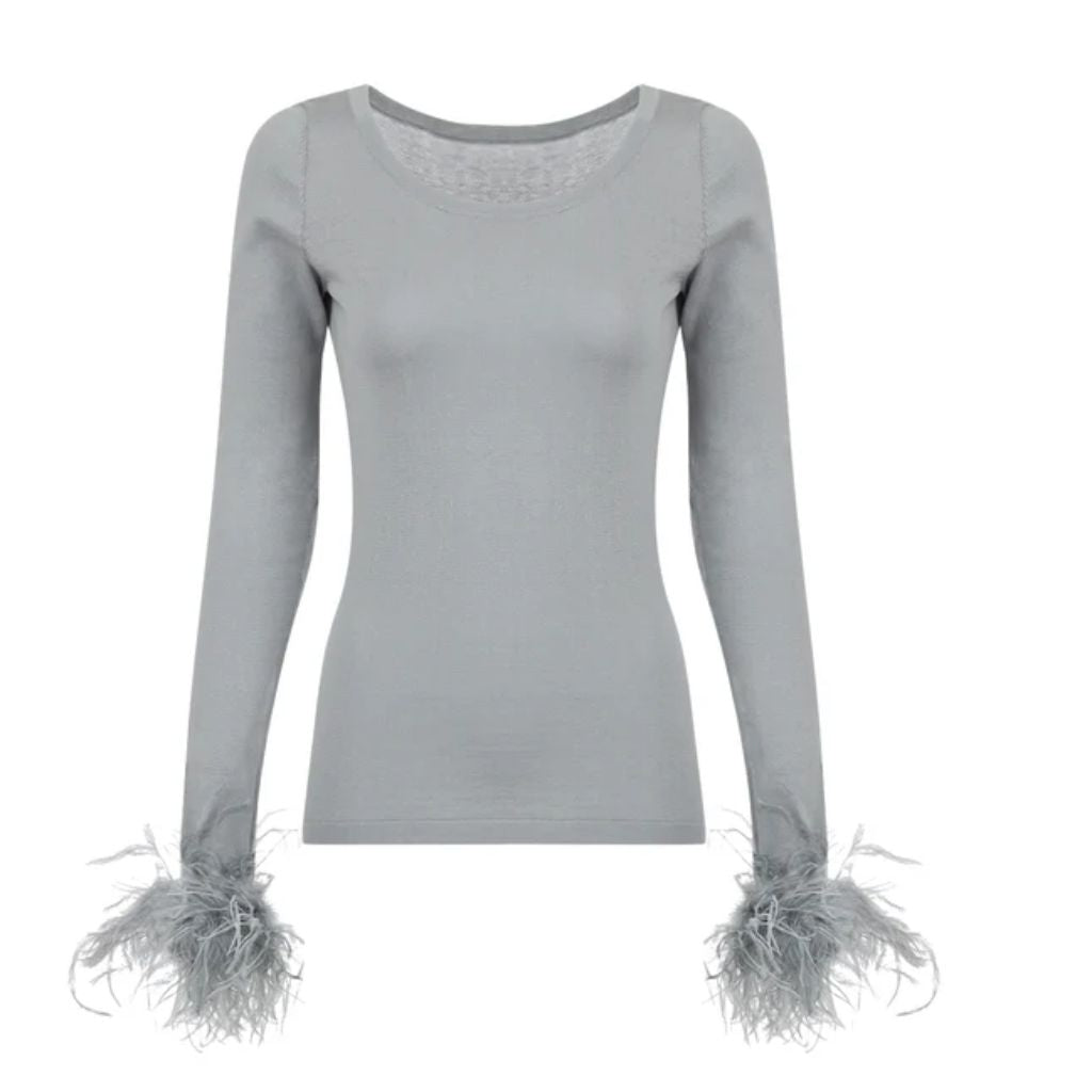 Grey Knit Top With Detachable Feather Cuffs