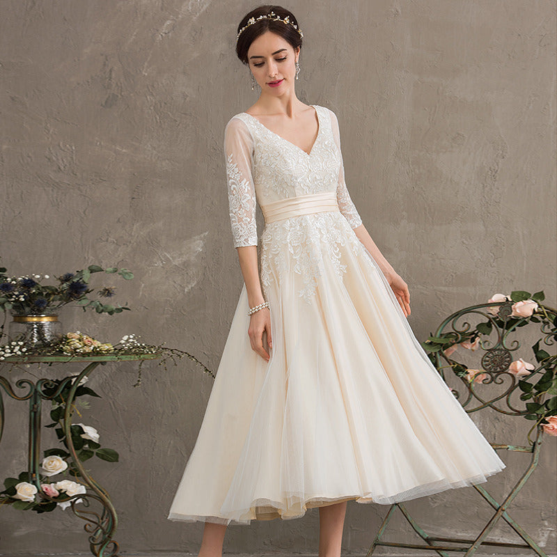 Bridal Wedding Dress White 1 2 Sleeve Short V-Neck Ball-Gown Princess