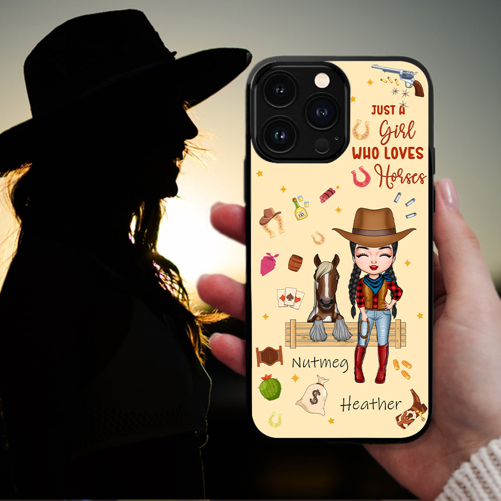Funda personalizada de dibujos animados de caballos y vaqueras para iPhone con nombre Carreras de caballos Regalo de cumpleaños para mujeres amantes de los caballos