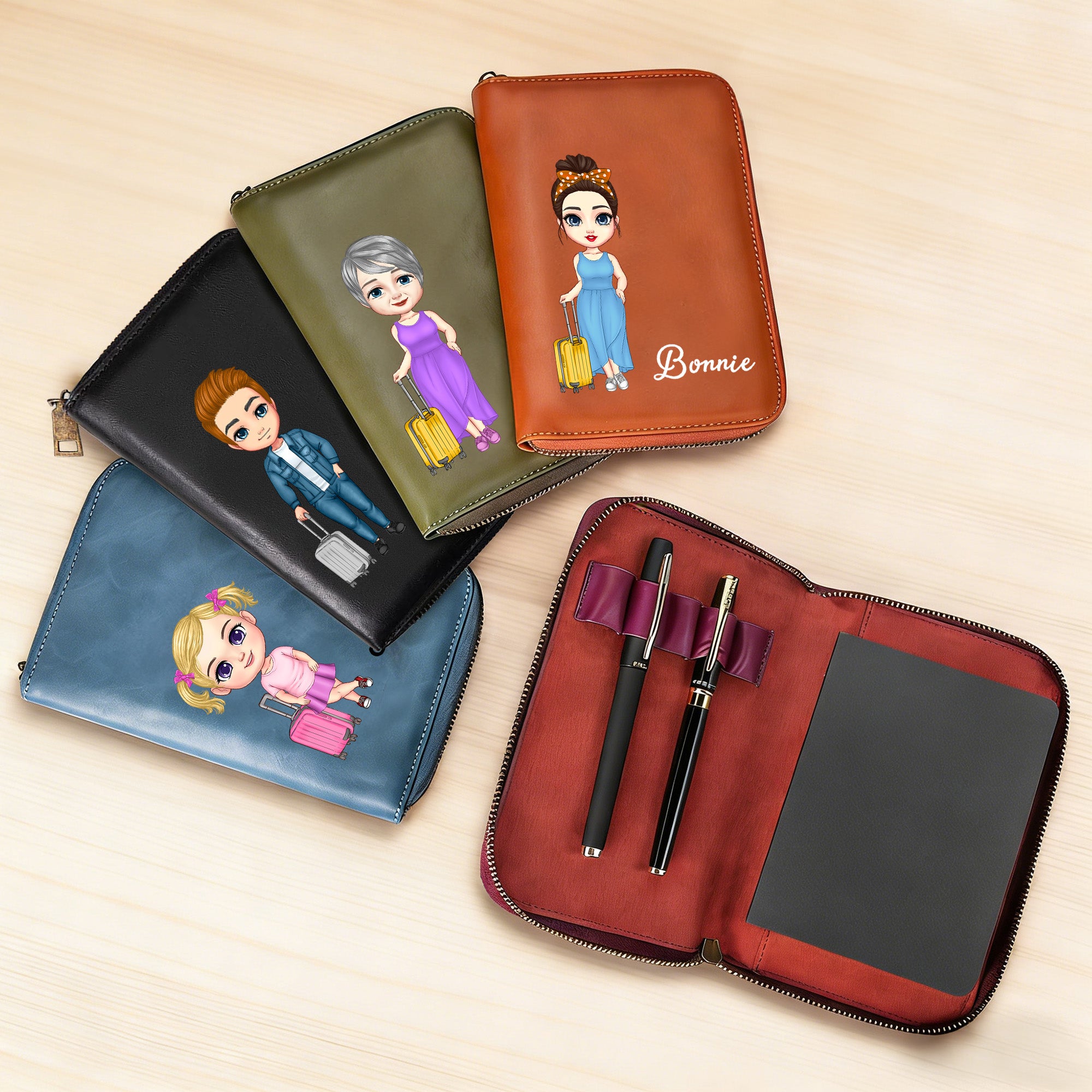Personalizado Cartoon Travel Character PU Leather Notebook Set with Pen Holder Trip Planner Daily Use Birthday Gift for Travel Lovers