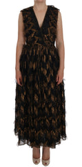 Women's Black Silk Brown Fringes A-Line Dress